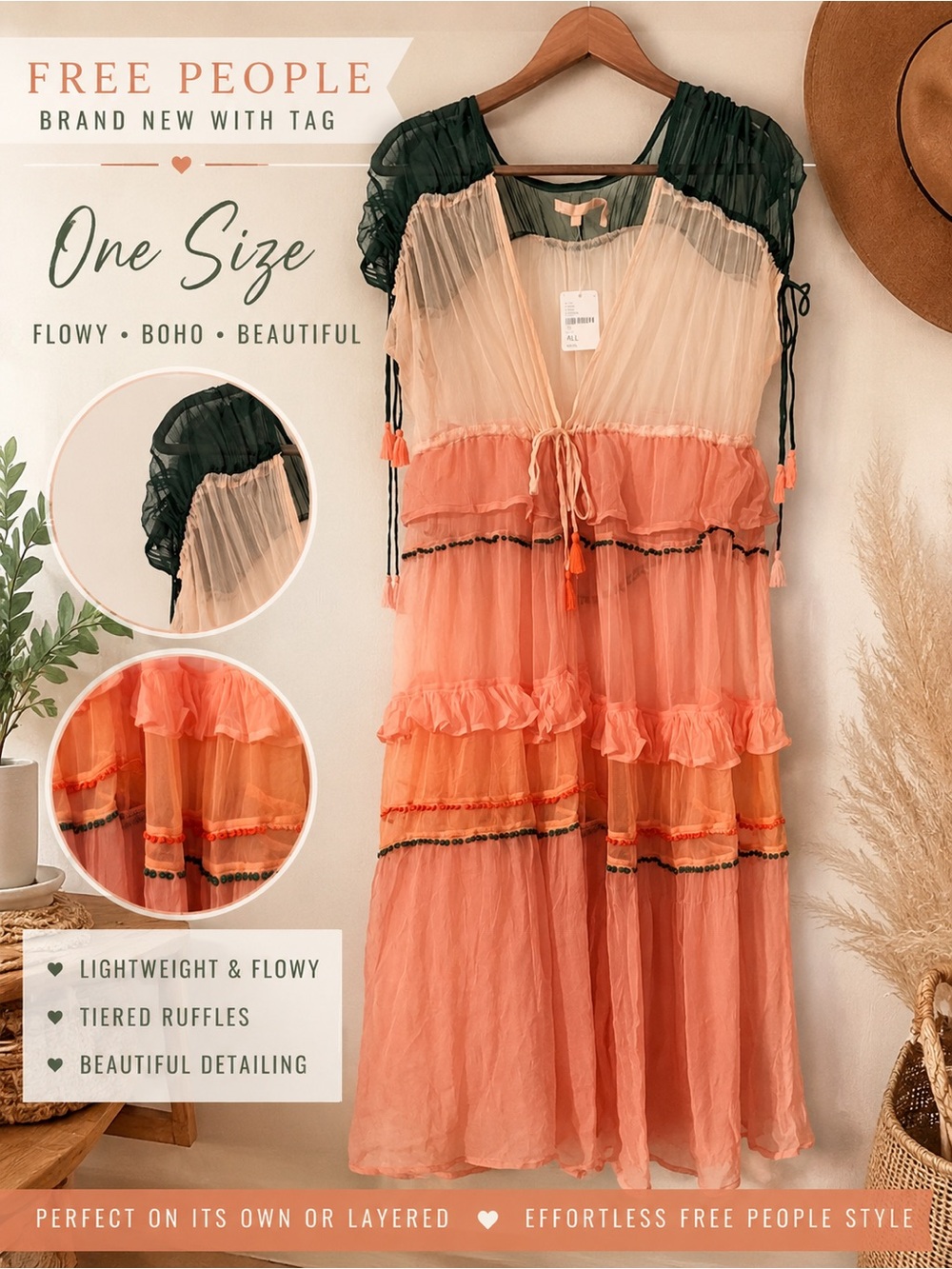 Free People RARE NWT Sheer Boho Tiered Coral Kaftan OS